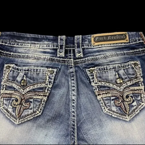 Rock Revival Linne Easy Crop Jeans 29x24 Distressed Stretch Denim EUC - Picture 5 of 14